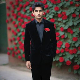 An Indian man wearing an unbuttoned black shirt, covered with a black velvet blazer, black pants, and black formal shoes. An artificial red flower adorns his pocket, and he sports a black watch. He is ready for a school farewell