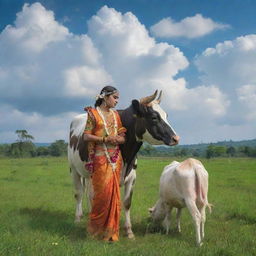 A vivid AI interpretation of Lord Krishna in traditional attire, comforting a cow in a verdant field under a sky filled with scattered clouds.