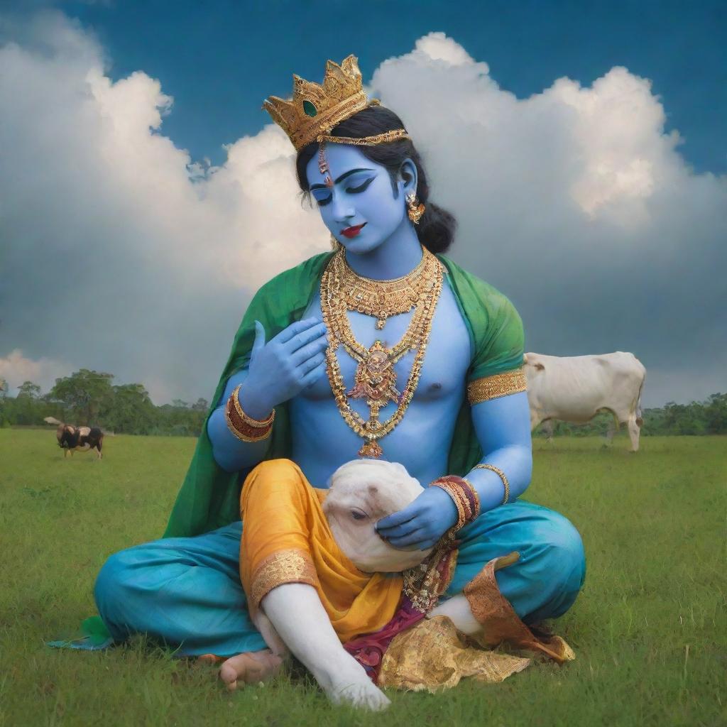 A vivid AI interpretation of Lord Krishna in traditional attire, comforting a cow in a verdant field under a sky filled with scattered clouds.