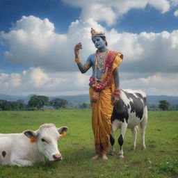 A vivid AI interpretation of Lord Krishna in traditional attire, comforting a cow in a verdant field under a sky filled with scattered clouds.