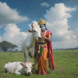 A vivid AI interpretation of Lord Krishna in traditional attire, comforting a cow in a verdant field under a sky filled with scattered clouds.