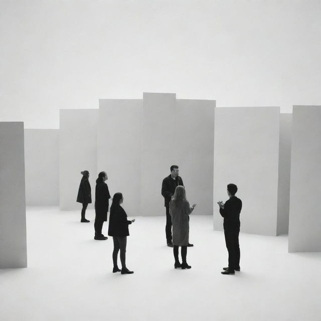 An abstract representation of communication barriers with people trying to converse, with visible walls or obstacles between them, in a monochrome aesthetic.