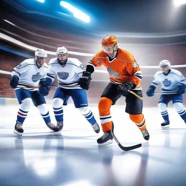 A high-quality digital art piece featuring an intense ice hockey game