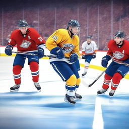 A high-quality digital art piece featuring an intense ice hockey game