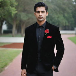 An Indian man styled for a school farewell in a dark black shirt with the top button undone, layered under a black velvet blazer, paired with black pants and formal shoes. Completing the look is an artificial red flower in the pocket and a black watch.