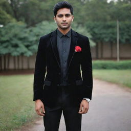 An Indian man styled for a school farewell in a dark black shirt with the top button undone, layered under a black velvet blazer, paired with black pants and formal shoes. Completing the look is an artificial red flower in the pocket and a black watch.