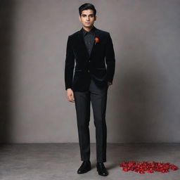 An Indian man styled for a school farewell in a dark black shirt with the top button undone, layered under a black velvet blazer, paired with black pants and formal shoes. Completing the look is an artificial red flower in the pocket and a black watch.