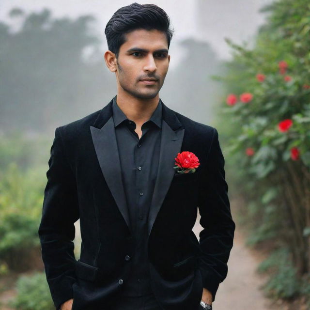 An Indian man styled for a school farewell in a dark black shirt with the top button undone, layered under a black velvet blazer, paired with black pants and formal shoes. Completing the look is an artificial red flower in the pocket and a black watch.