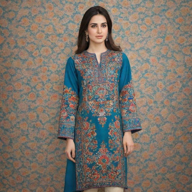 High quality clothing design pattern inspired by traditional Kashan art, utilizing vivid Persian color palette