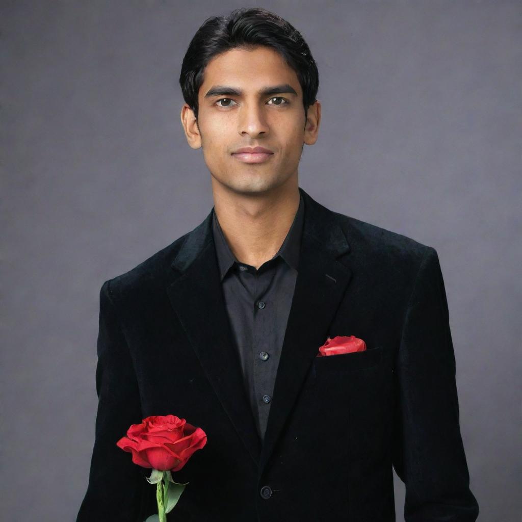 A 6-foot tall, fully-shaven Indian man with medium-length hair and a rectangular face, ready for a school farewell. He's dressed in a dark black shirt with the top button undone, a black velvet blazer, black pants and formal shoes. An artificial red flower is in his pocket and he's wearing a black watch.