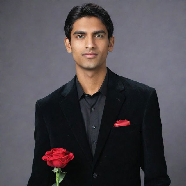 A 6-foot tall, fully-shaven Indian man with medium-length hair and a rectangular face, ready for a school farewell. He's dressed in a dark black shirt with the top button undone, a black velvet blazer, black pants and formal shoes. An artificial red flower is in his pocket and he's wearing a black watch.