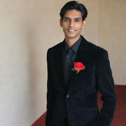 A 6-foot tall, fully-shaven Indian man with medium-length hair and a rectangular face, ready for a school farewell. He's dressed in a dark black shirt with the top button undone, a black velvet blazer, black pants and formal shoes. An artificial red flower is in his pocket and he's wearing a black watch.