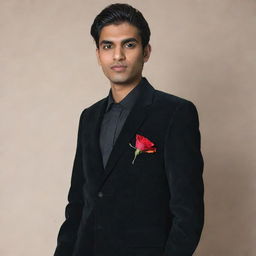 A 6-foot tall, fully-shaven Indian man with medium-length hair and a rectangular face, ready for a school farewell. He's dressed in a dark black shirt with the top button undone, a black velvet blazer, black pants and formal shoes. An artificial red flower is in his pocket and he's wearing a black watch.