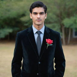 A 6-foot tall, fully-shaven Indian man with medium-length hair and a rectangular face, ready for a school farewell. He's dressed in a dark black shirt with the top button undone, a black velvet blazer, black pants and formal shoes. An artificial red flower is in his pocket and he's wearing a black watch.