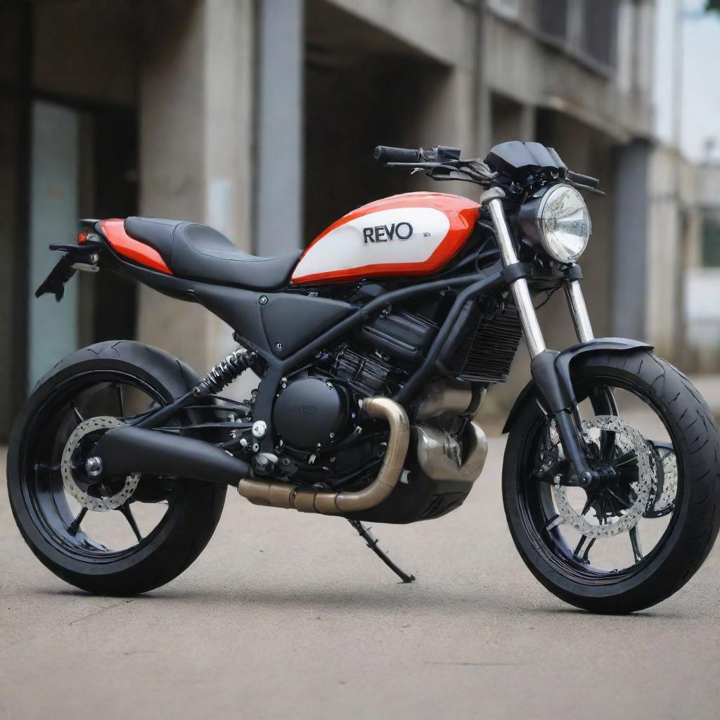 A modified version of the Revo motorcycle showcasing enhanced features, custom paintwork, and an advanced stylish design.