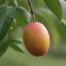 A ripe mango fruit, hanging from a branch, glistening with dew drops in the morning sun