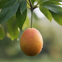 A ripe mango fruit, hanging from a branch, glistening with dew drops in the morning sun