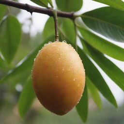 A ripe mango fruit, hanging from a branch, glistening with dew drops in the morning sun