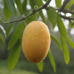 A ripe mango fruit, hanging from a branch, glistening with dew drops in the morning sun