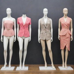 A variety of trendy outfits displayed on mannequins, signifying a clothing rental service