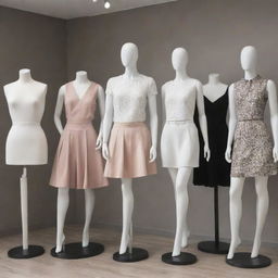 A variety of trendy outfits displayed on mannequins, signifying a clothing rental service