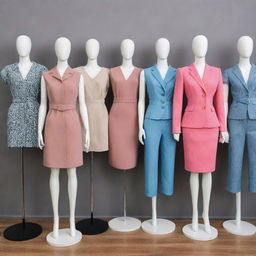 A variety of trendy outfits displayed on mannequins, signifying a clothing rental service