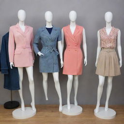 A variety of trendy outfits displayed on mannequins, signifying a clothing rental service