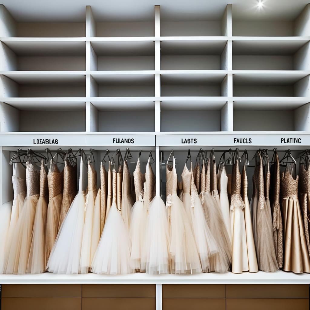 Set-up organized shelves or cabinets to display various fabric samples, clearly labeled for different dresses in a wedding shop.