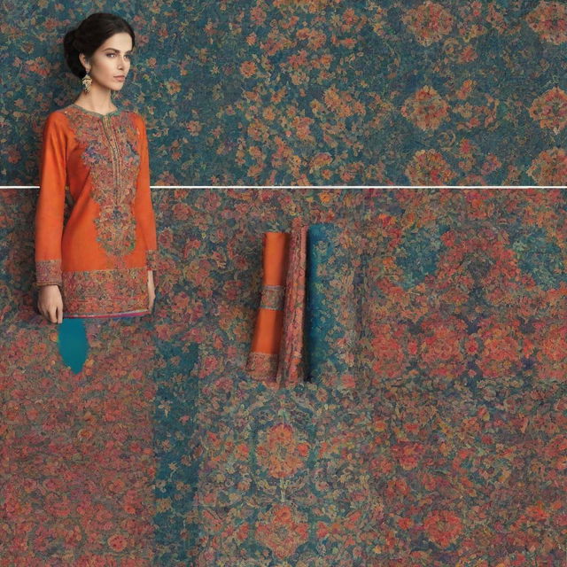 Create a high-quality moodboard for a clothing line, featuring patterns inspired by traditional Kashian art and vibrant Persian colors, enriched with related inspiration pictures