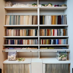 Set-up organized shelves or cabinets to display various fabric samples, clearly labeled for different dresses in a wedding shop.