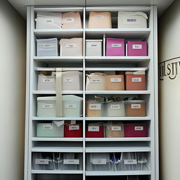 Set-up organized shelves or cabinets to display various fabric samples, clearly labeled for different dresses in a wedding shop.