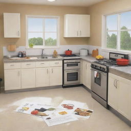 Create a series of postcards depicting common kitchen mistakes leading to accidents, and the significance of proper kitchen hygiene. Ensure the illustration is informative yet appealing.