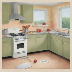 Create a series of postcards depicting common kitchen mistakes leading to accidents, and the significance of proper kitchen hygiene. Ensure the illustration is informative yet appealing.