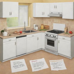 Create a series of postcards depicting common kitchen mistakes leading to accidents, and the significance of proper kitchen hygiene. Ensure the illustration is informative yet appealing.