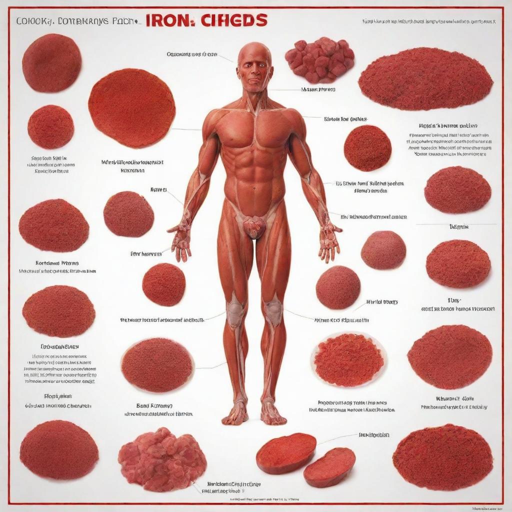 Create an informative poster emphasizing the importance of iron in the human body. Include rich visuals like red blood cells, diverse food sources of iron, and text demonstrating its health benefits.