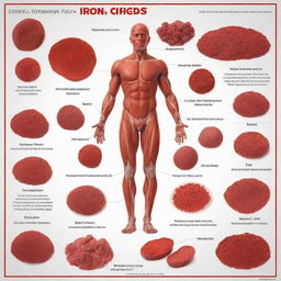 Create an informative poster emphasizing the importance of iron in the human body. Include rich visuals like red blood cells, diverse food sources of iron, and text demonstrating its health benefits.