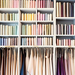 Set-up organized shelves or cabinets to display various fabric samples, clearly labeled for different dresses in a wedding shop.