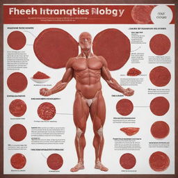 Create an informative poster emphasizing the importance of iron in the human body. Include rich visuals like red blood cells, diverse food sources of iron, and text demonstrating its health benefits.