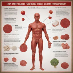 Create an informative poster emphasizing the importance of iron in the human body. Include rich visuals like red blood cells, diverse food sources of iron, and text demonstrating its health benefits.