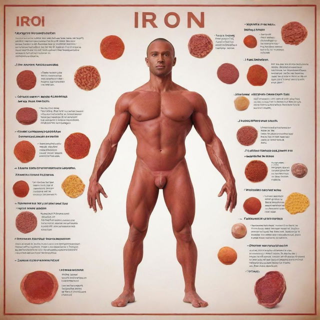 Create an informative poster emphasizing the importance of iron in the human body. Include rich visuals like red blood cells, diverse food sources of iron, and text demonstrating its health benefits.