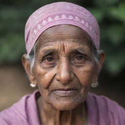 A portrait of an elderly Indian woman, her face etched with beautiful lines of age, dressed in traditional Indian attire.