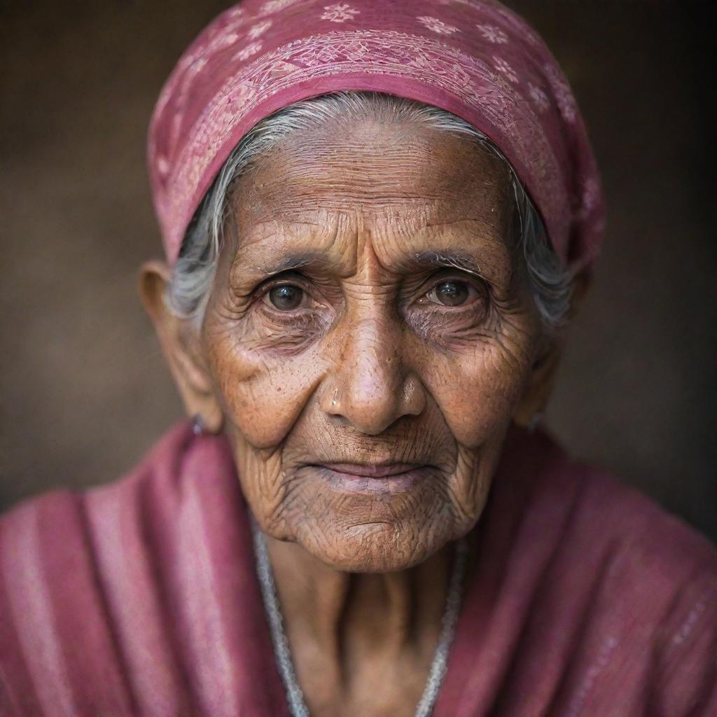 A portrait of an elderly Indian woman, her face etched with beautiful lines of age, dressed in traditional Indian attire.