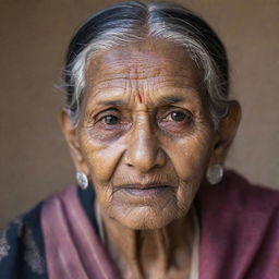 A portrait of an elderly Indian woman, her face etched with beautiful lines of age, dressed in traditional Indian attire.