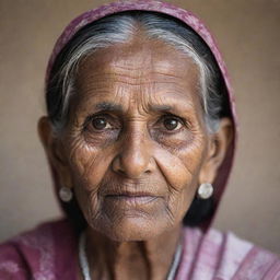 A portrait of an elderly Indian woman, her face etched with beautiful lines of age, dressed in traditional Indian attire.