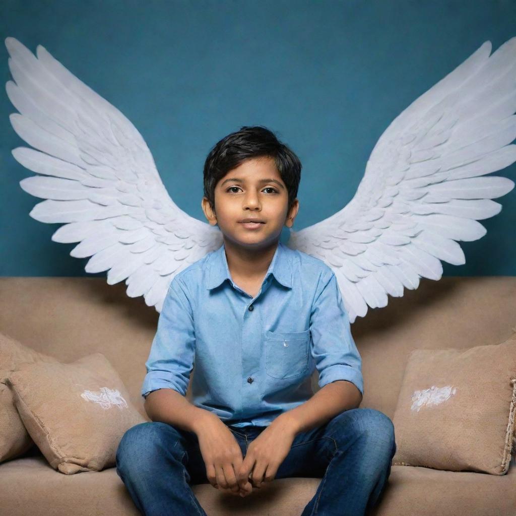 A young boy sitting comfortably on a sofa, with two ethereal wings sprouting from his back. Behind him, 'Manish Tiwari' is stylishly written in the background.