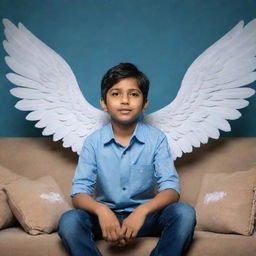 A young boy sitting comfortably on a sofa, with two ethereal wings sprouting from his back. Behind him, 'Manish Tiwari' is stylishly written in the background.