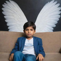 A young boy sitting comfortably on a sofa, with two ethereal wings sprouting from his back. Behind him, 'Manish Tiwari' is stylishly written in the background.