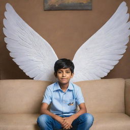 A young boy sitting comfortably on a sofa, with two ethereal wings sprouting from his back. Behind him, 'Manish Tiwari' is stylishly written in the background.