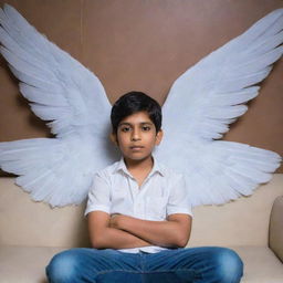 A young boy sitting comfortably on a sofa, with two ethereal wings sprouting from his back. Behind him, 'Manish Tiwari' is stylishly written in the background.