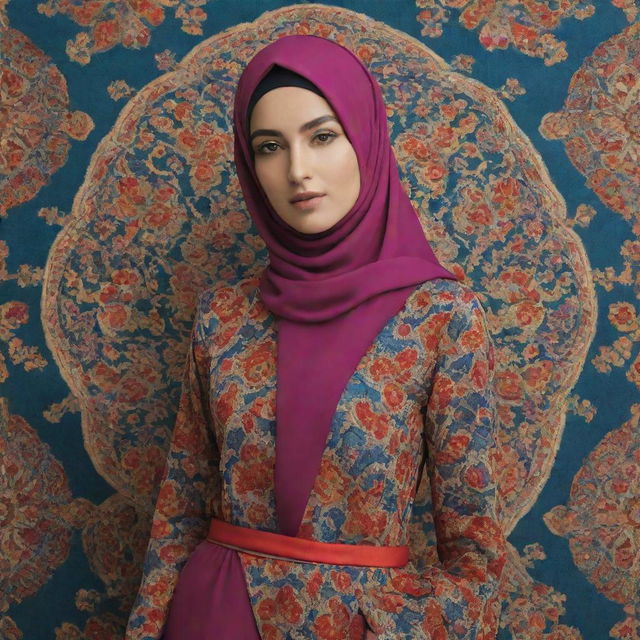 High-quality clothing design pattern inspired by Kashan art and vibrant Persian colors modeled by a hijabi, ideal for a fashion moodboard